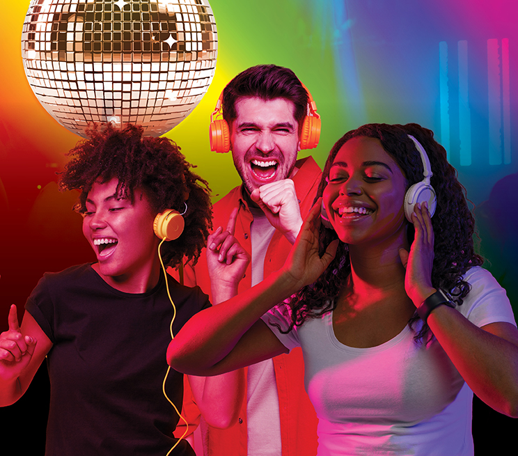 People with headphones on dancing. Disco ball and Pride colors